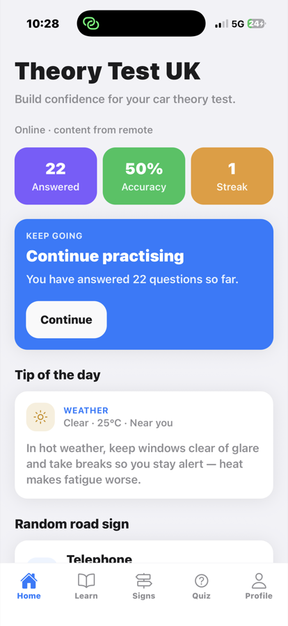 Theory Test UK home screen