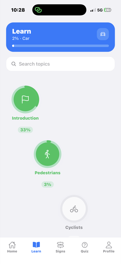 Learn topics screen