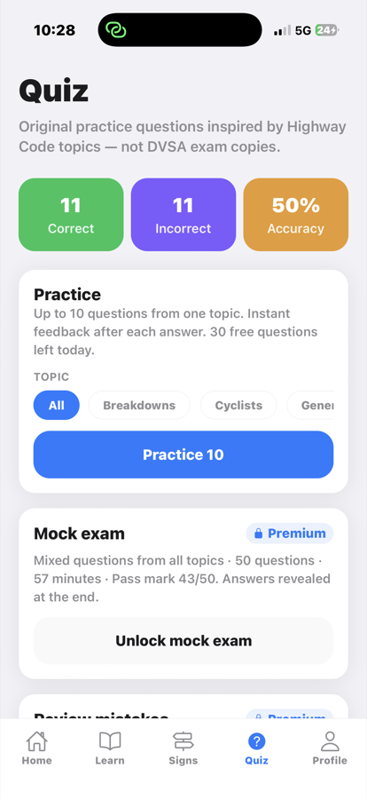 Quiz and mock exam screen